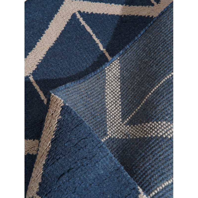 Tapis d'intérieur rectangulaire bleu beige à motifs géométriques noués à la main, Rectangle 9 pi x 12 pi