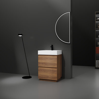 Meuble-lavabo autoportant de style minimaliste moderne 24 po avec lavabo en résine et tiroirs