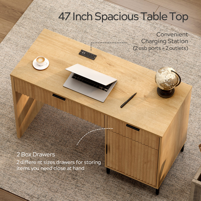 47" Fluted Executive Desk in Natural Oak - Ebern Designs