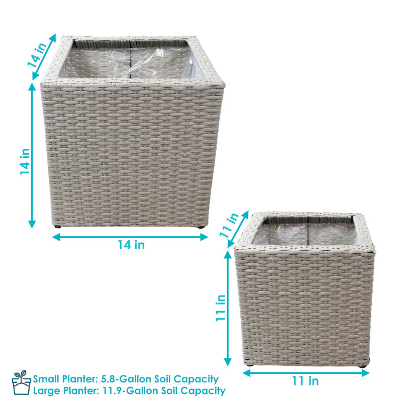 2-Piece Modern Assorted Square Gray Polyrattan Indoor Planter with Liner, Gray