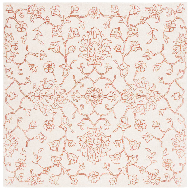 Dupin Hand Tufted Wool/Viscose Floral Rug in Ivory/Rust, Square 6'