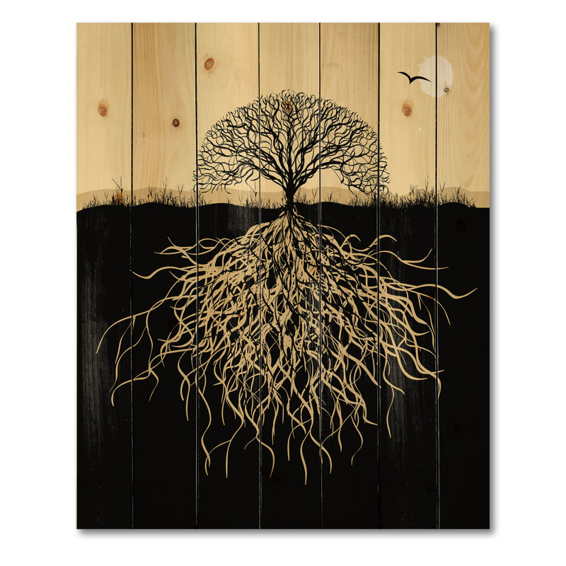 Silhouette d'arbre avec racines - impression traditionnelle sur bois de pin naturel, H 20 po x l 10 po x P 0,78 po