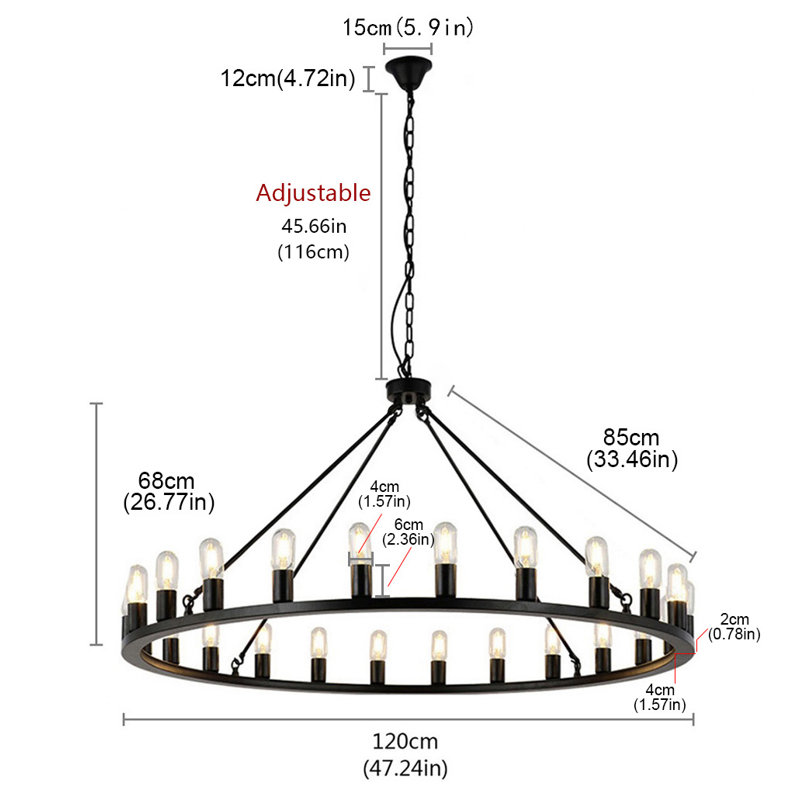 Lustre de style campagnard à 24 lumières avec hauteur réglable de style bougie à roulettes
