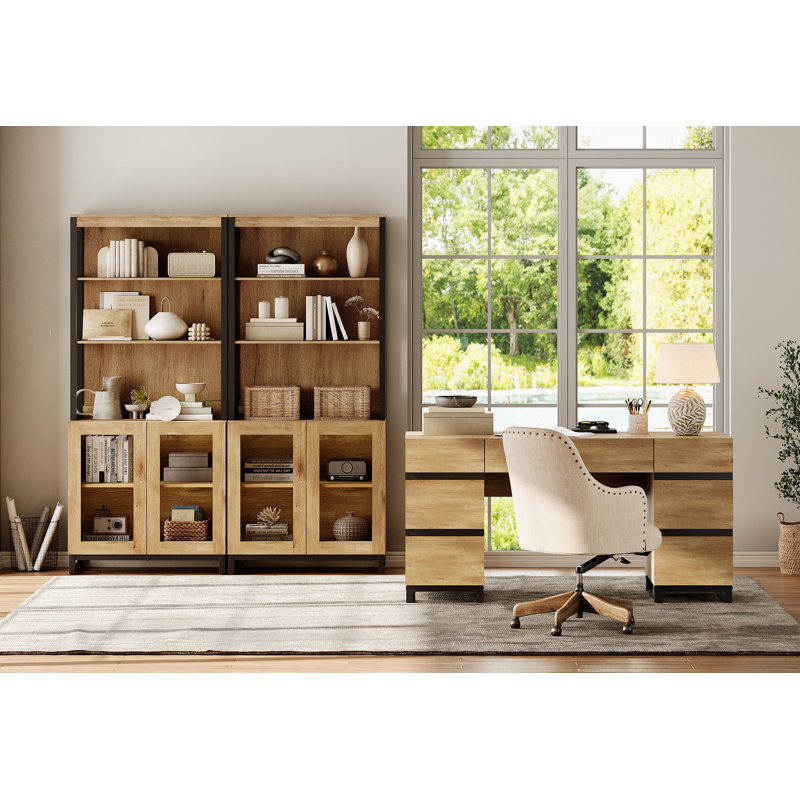  Home Office Set: 59" Modern Desk With Charging Station And Storage Cabinet, Two 72" Tall Bookcases With Adjustable Shelves, Wood Computer Desk And Library Storage Cabinet For Work Study