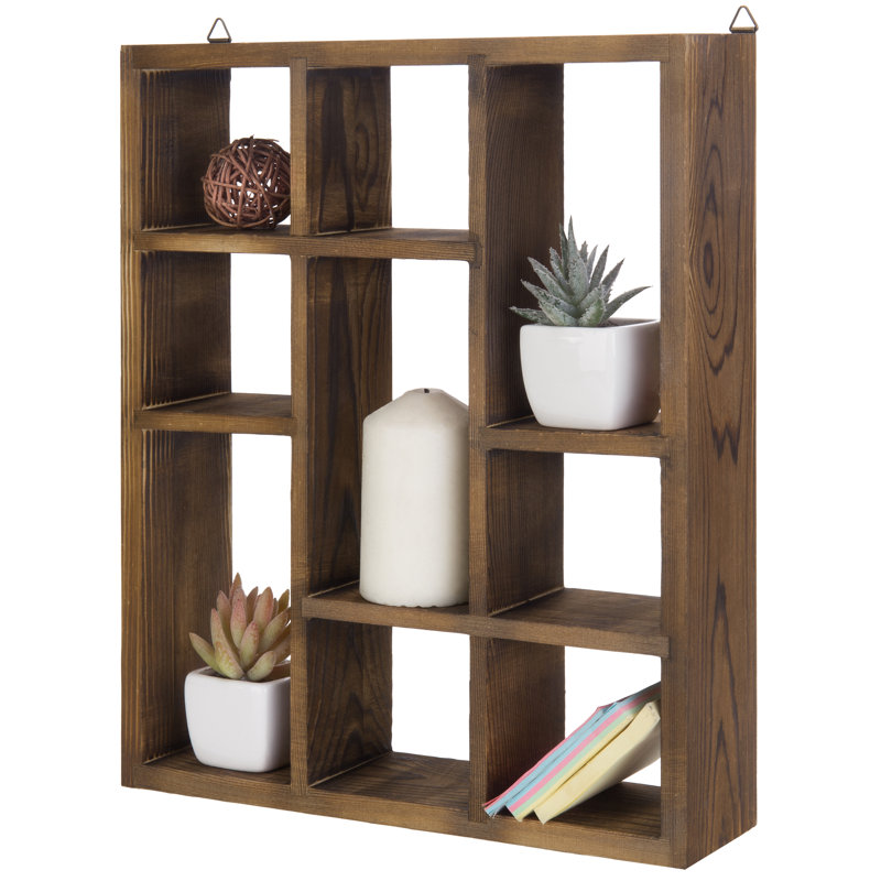 9 Piece Pine Solid Wood Floating Shelf, Brown
