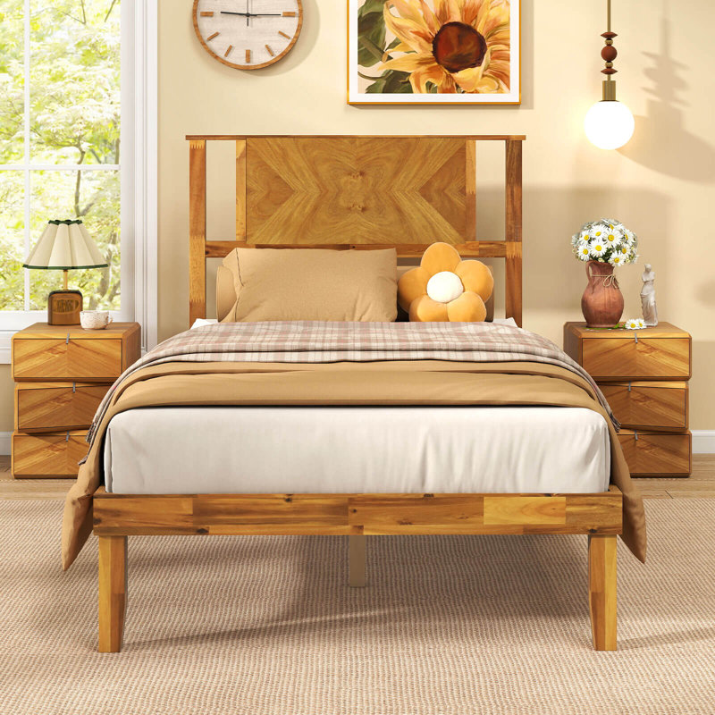 Twin Size Bed Frame with Headboard Under-Bed Space No Box Spring Needed, Twin