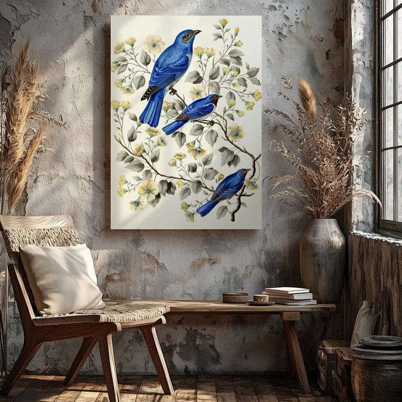 Toile, une illustration détaillée mettant en vedette des oiseaux bleus vibrants perchés parmi des branches délicates ornées de douces fleurs jaunes