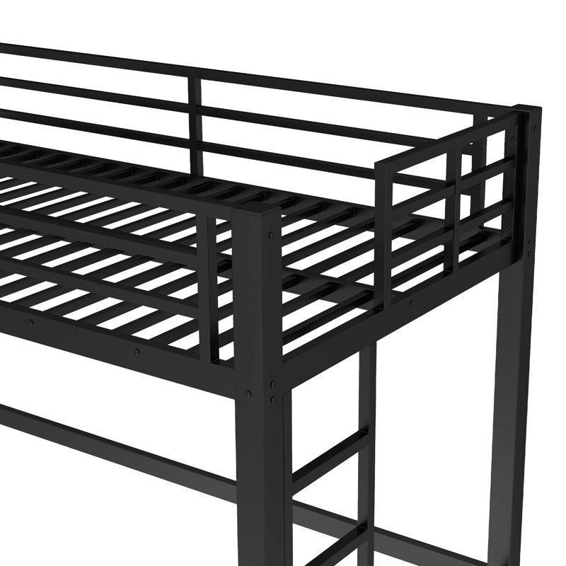 Lit mezzanine simple en métal noir de taille très grand avec double échelle latérale, cadre et coffre-fort pour dormir dans un dortoir avec barrières de sécurité, assemblage facile, chambre à coucher inférieure flexible