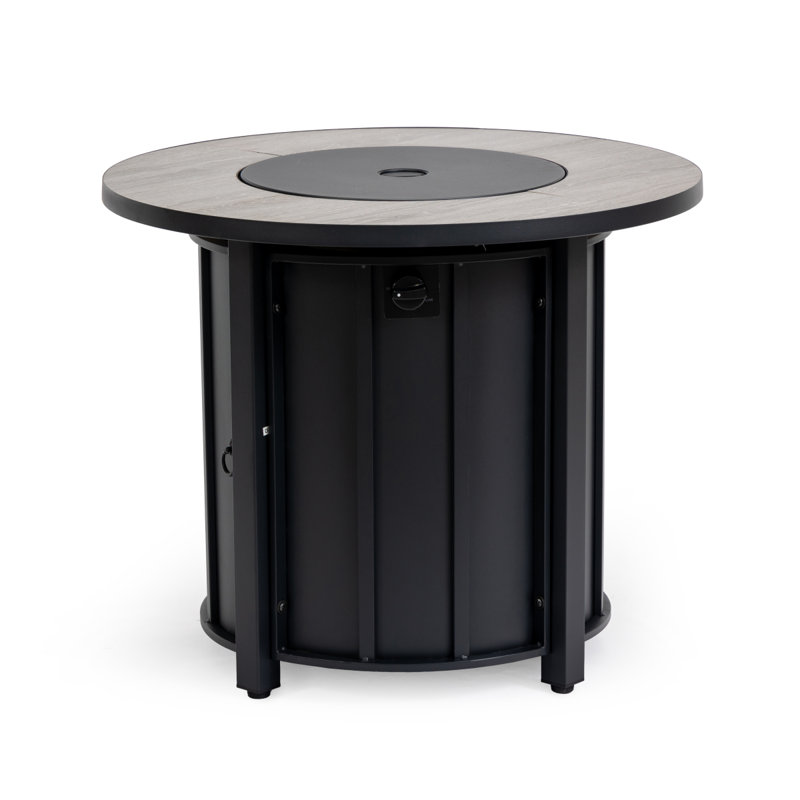 30" Propane Gas Fire Pit Table, 50000 BTU Round Steel Fire Pit With Wood Grain Ceramic Tabletop For Outside Patio Deck Garden Backyard Black