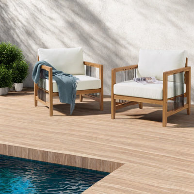 Ensemble de 2 fauteuils de jardin modernes en bois d'acacia et corde, avec coussins