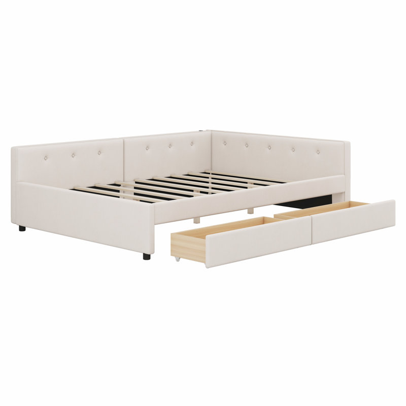 Lit plateforme tapissier avec port USB et 2 tiroirs