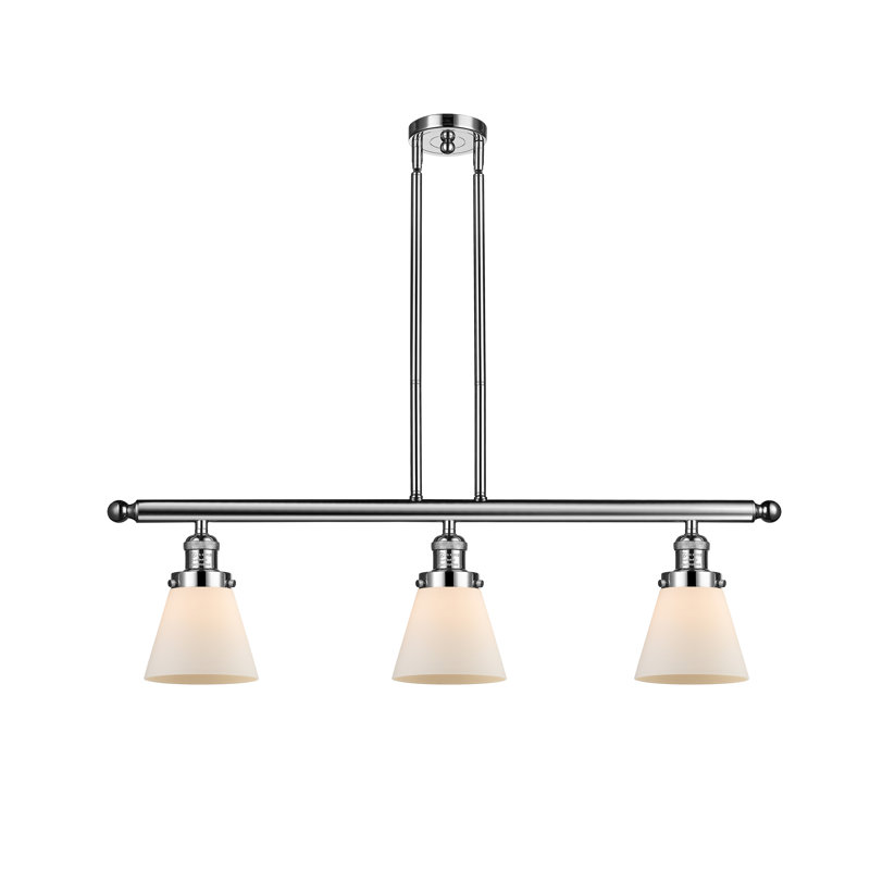 Cone 3 Light Stem Hung Island Light, Matte White Cased, 36" H x 36" W x 5" D, Polished Nickel