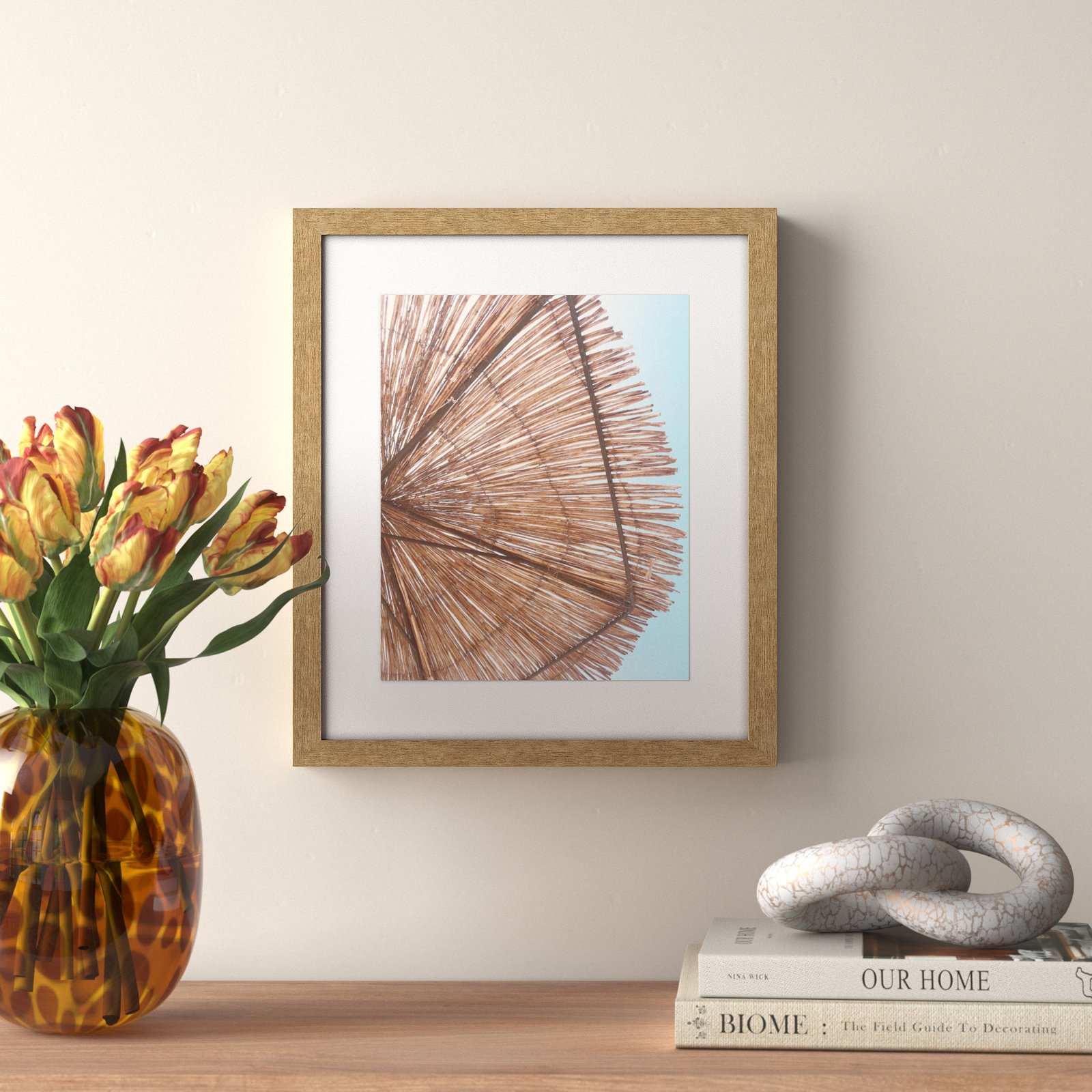 Rosy Straw Umbrella - Picture Frame Photograph, 15" H x 13" W x 1.25" D, Natural