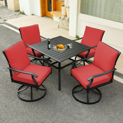 4-Person Square Outdoor Patio Dining Set With Red Cushions, 4 Swivel Chairs And 36 Inch Square Heavy-Duty Metal Dining Table With 2.36'' Umbrella Hole, Powder-Coated Finish And Weather-Resistant Iron Frame For Outdoor And Indoor Space, Black