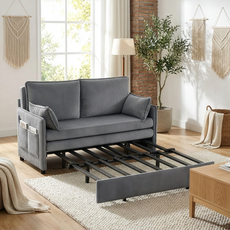 Full Size Convertible Sleeper Sofa, 55.38" Pull Out Sofa Bed, Gray