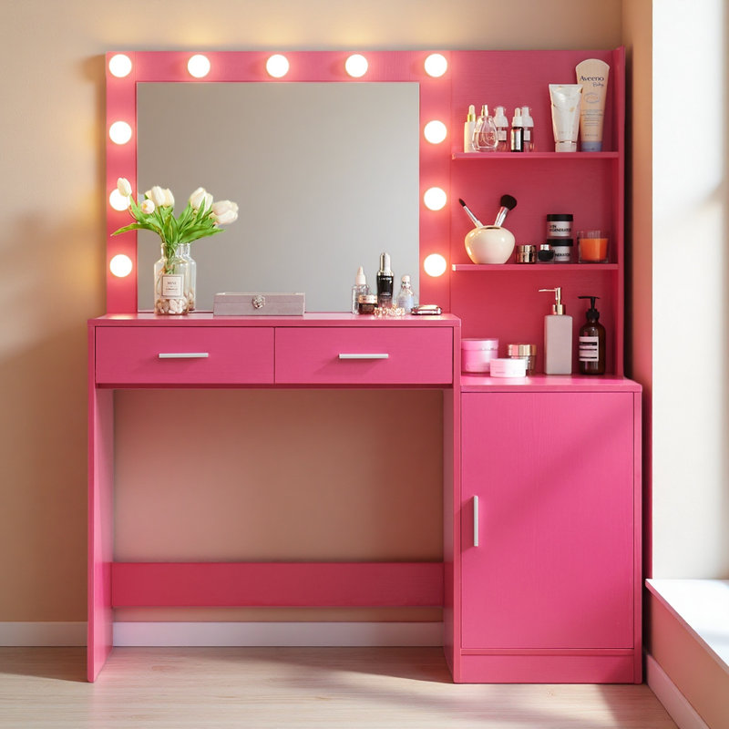 Vanity Desk With Mirror And Lights, 46.4IN Dressing Table With 2 Large Drawer&Large Vertical Organizer, 3 Level Dresser & 3 Lighting Modes Adjustable Brightness
