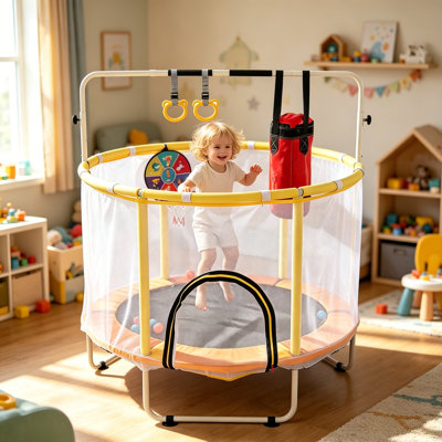 54-Inch Mini Toddler Trampoline for Indoor & Outdoor, Safety Net, Antislip Design with Boxing Bag, Ring, Basketball Hoop & Adjustable Gym Bar – Gift f