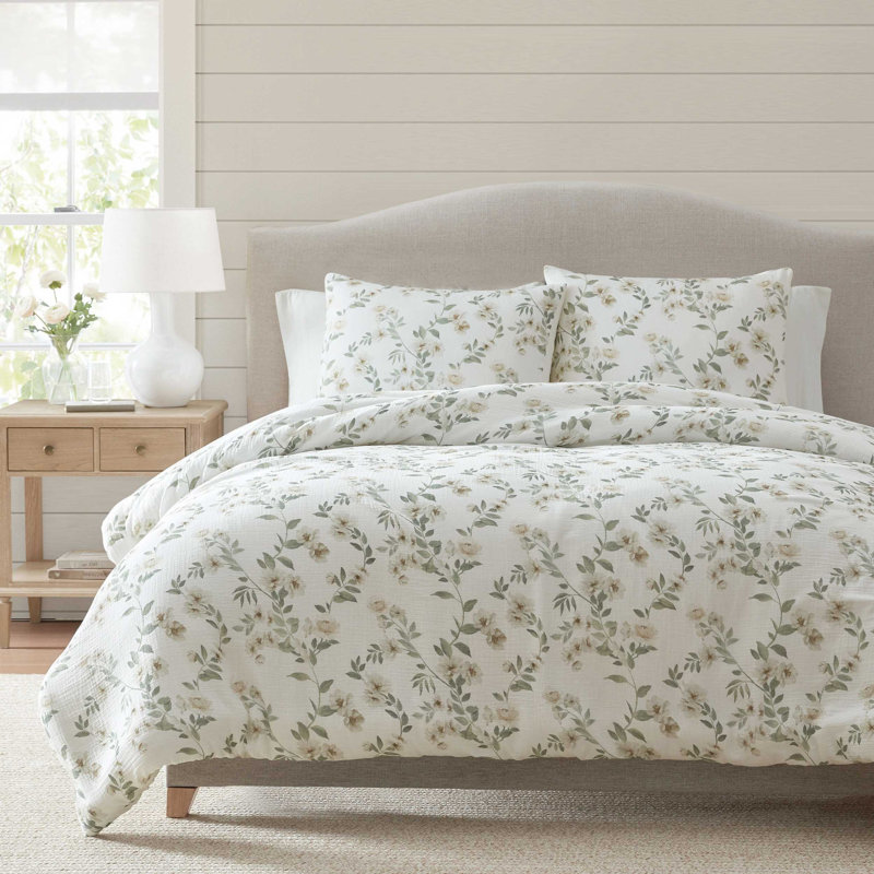 Ensemble d'édredon en coton beige Martha Martha, Édredon pour lit simple + 1 taie décorative stan, Floral beige