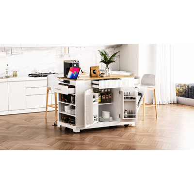Îlot de cuisine avec poubelle dissimulée, 3 tiroirs, ouvert, prises de courant, support de poubelle blanc classique, tablettes réglables, 5 roulettes dissimulées, design