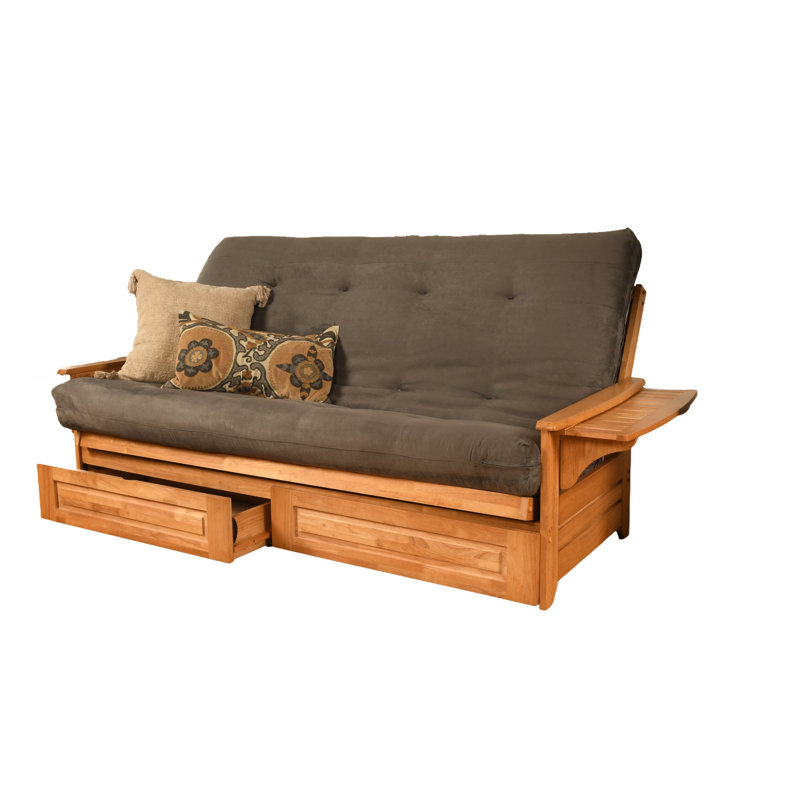 Futon avec rangement Stratford, Microsuède gris, Noyer cendré
