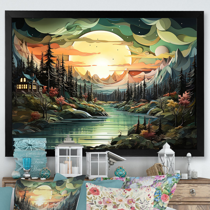 Art mural de montagne majestueux nuage forêts - rivière et forêt, H 20 po x l 12 po x P 1 po, Cadre d'angle fermé noir