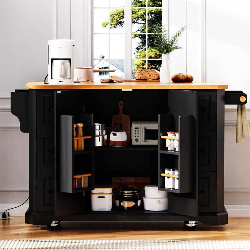 56 Inch Kitchen Island With Rubber Wood Veneer Drop Leaf(No Include Stool), Black