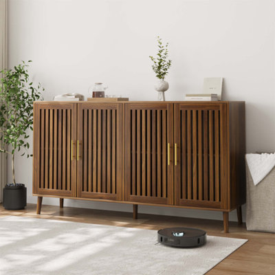 63 Inch Grille-Striped Sideboard Buffet Cabinet With Ample Storage, Multifunctional For Various Home Spaces