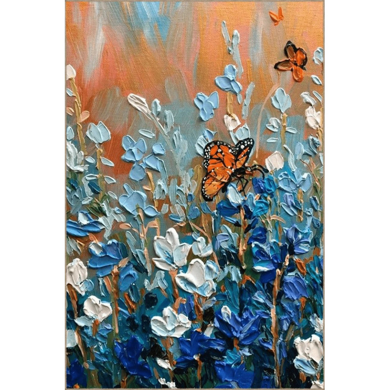 Pastel Blue Orange Themed Grass Flower And Butterfly Patterned Modern Decorative Carpet, Rectangle 3'4" x 5'