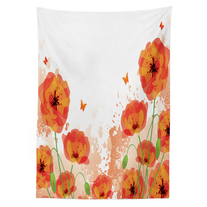 Poppy Tablecloth, Digital Watercolors Design Of Poppy Classic Botany Bouquet Patterns Print, Rectangular Table Cover For Dining Room Kitchen Decor, 52" X 70", Red White