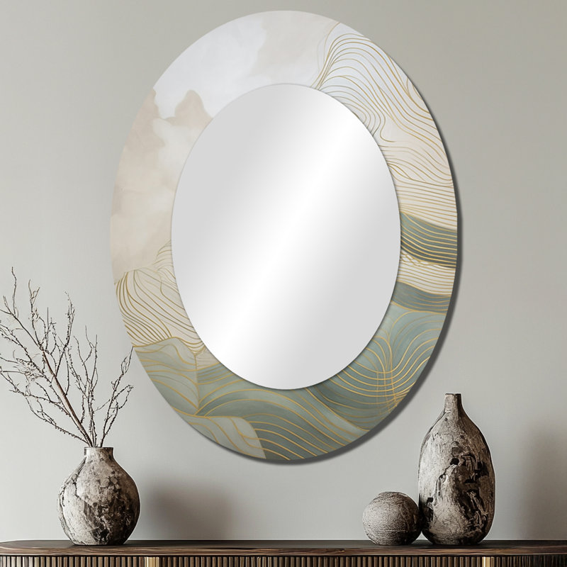 Or et gris Linear Expressions III - Miroir décoratif abstrait ovale sur métal, 40 po x 30 po