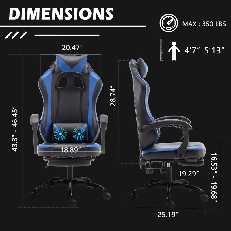 Fauteuil inclinable et ergonomique inclinable en similicuir et jeu de course avec repose-pieds, Bleu