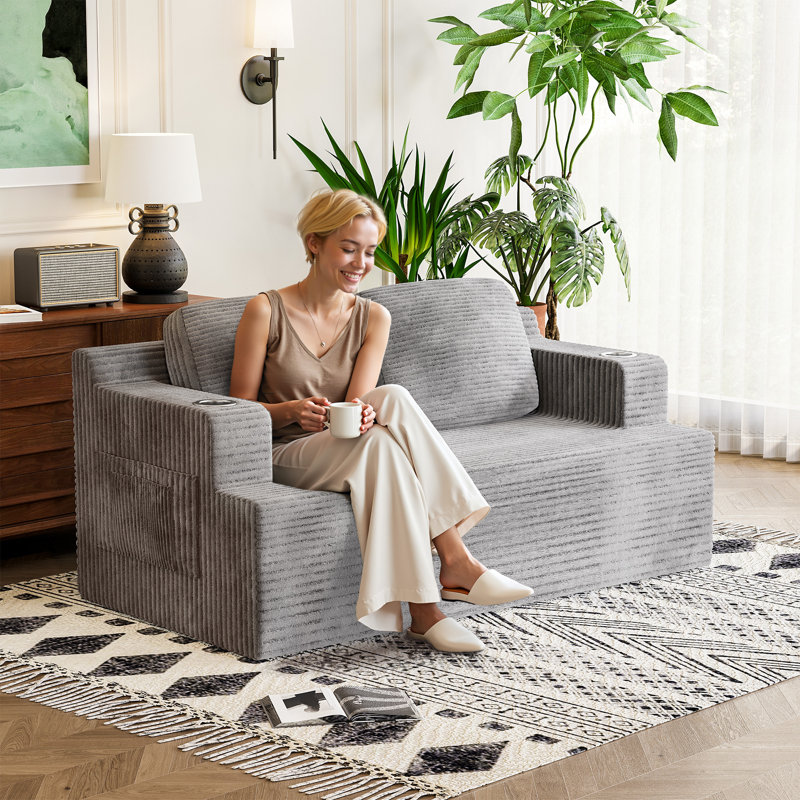 Canapé en mousse Boneless avec porte-gobelets et coussins décoratifs, Gris, H 28,35 po x l 66,93 po x P 35,43 po