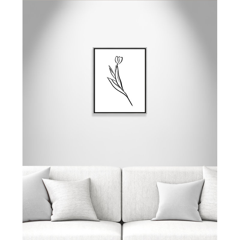 Fleurs simples 1 - reproduction de dessin, Toile avec cadre argenté, H 21,5 po x l 17,5 po x P 2 po