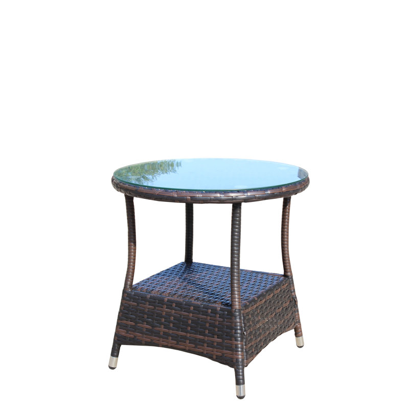 Patio Round Coffee Table With Tempered Glass - Pe And Metal, 21"X21"X21", Brown, Assembly Necessary Outdoor & Steel, Weather , Required