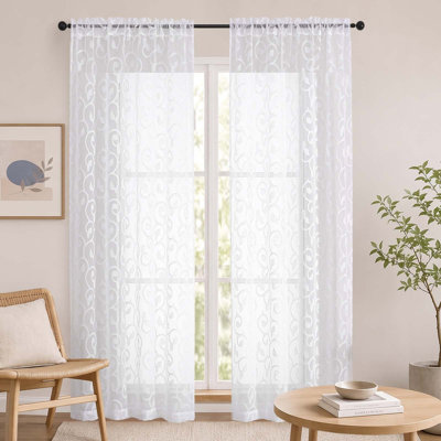 Furman Sheer White Curtains 84 inches Long for Bedroom Living Room 2 Panels Set, White Curtains Jacquard Clip Light Filtering Semi Sheer Curtain Rod Pocket Window Drapes, 2 Pcs Each 42 W 84 L