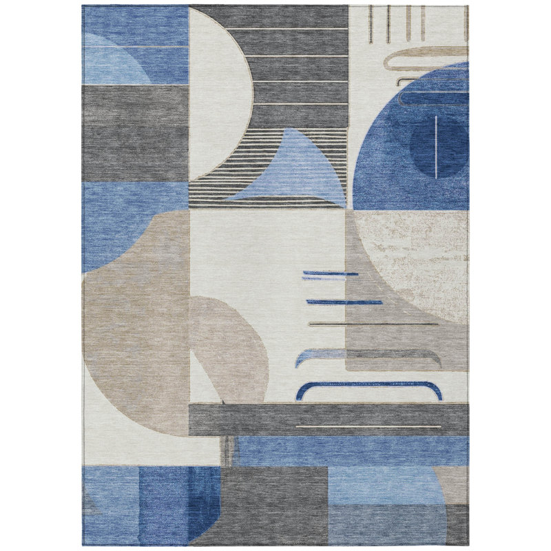 3' X 5' Blue Gray And Ivory Geometric Washable Indoor Outdoor Area Rug