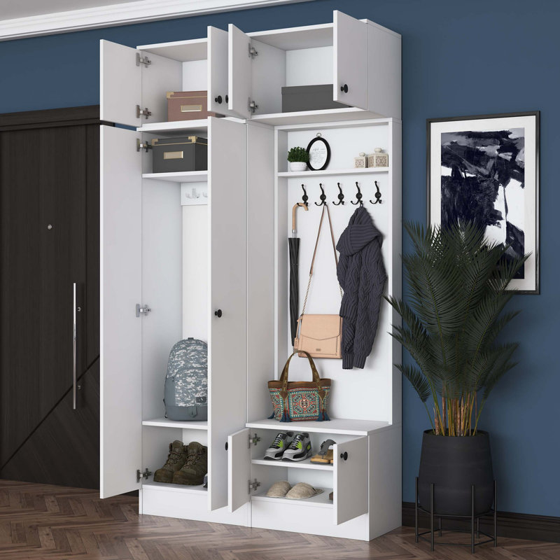 Modern White Hall Stand with Coat Rack & Multiple Shelves, 47.0 x 89.0 x 14.8 inches | 100% Melamine Coated E1 Quality Chipboard, 0.7 inches Thick | Stylish & Functional Storage Solution for Entryways
