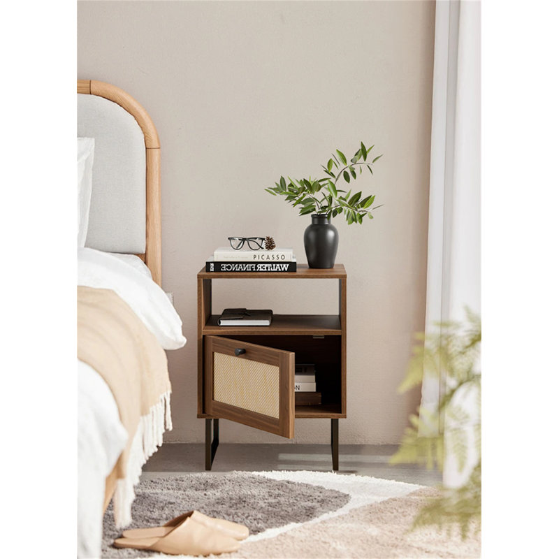 Bohemian Farmhouse Rattan Nightstand, Walnut