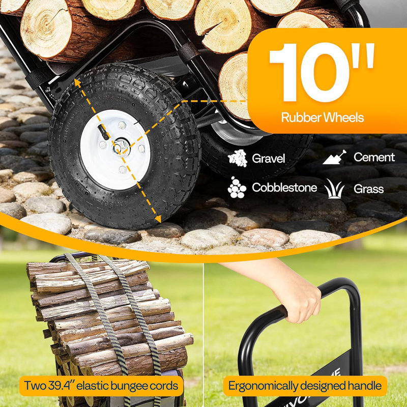 Chariot à bûches de bois de chauffage en acier robuste avec capacité de 250 lb avec couvercle