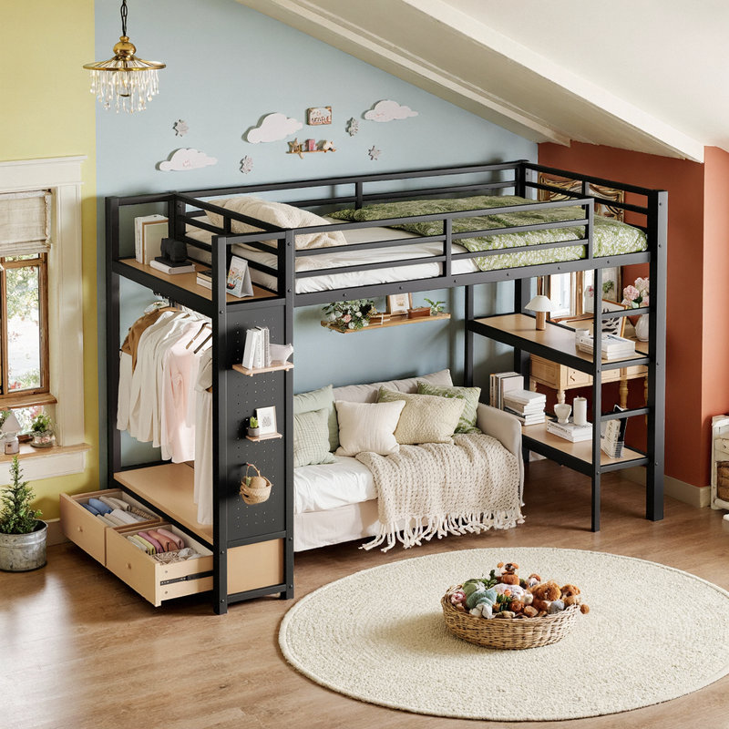 Lit mezzanine simple en métal UnaNidus avec garde-robe, tablettes de rangement et panneau perforé pour économiser de l'espace