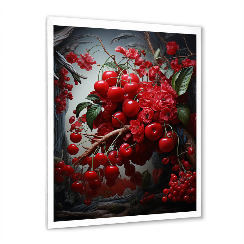 Red Cherry Tree Explosion 2 - art mural cerise, Cadre simple blanc, H 20 po x l 12 po x P 1 po