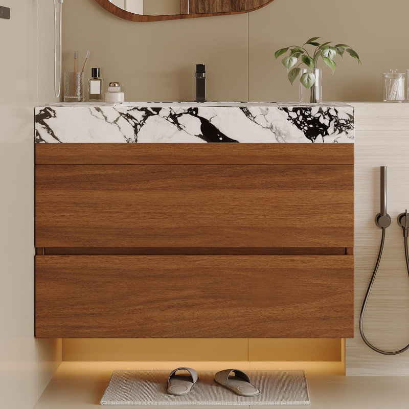 Meuble-lavabo de salle de bain avec plateau en faux marbre, Blanc/Noir