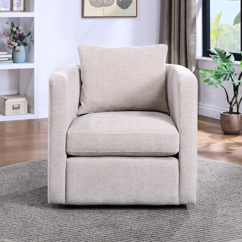 Chaise pivotante revêtue de tissu d'ameublement, capacité de 360 degrés, siège à ressorts ensachés, dossier et siège réversibles, couleur beige, dossier de siège de 31 po de profondeur, largeur principale de 31,5 po