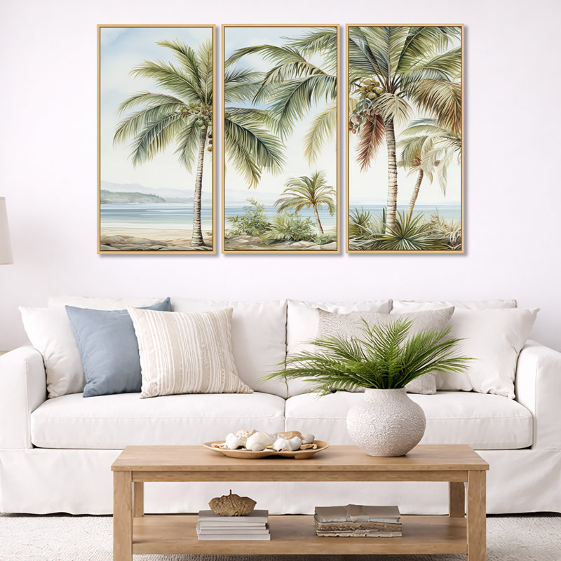 Ensemble de salon Palms Palm Trees On The Beach V - Palmiers et palmiers, H 40 po x l 60 po, Cadre flottant blanc