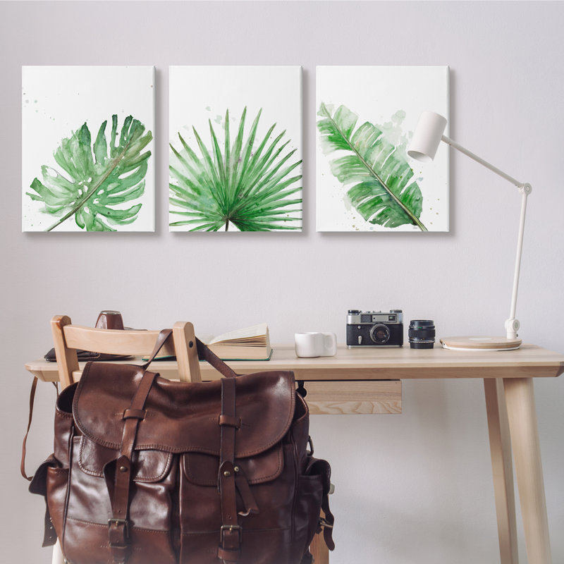 Feuilles vertes, vert moderne, palmiers tropicaux tropicaux, 3 pièces, ferme rustique surdimensionnée, art numérique sur toile par Patricia Pinto