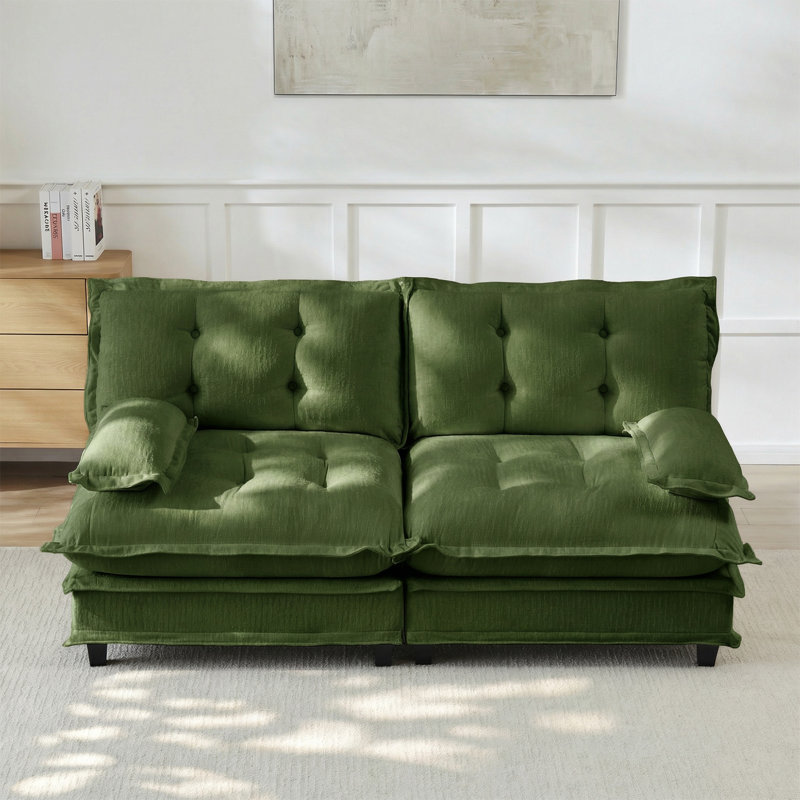 77" 2-Seater Modular Sectional Cloud Sofa, Chenille Fabric Deep Seat Couch With Lattice Decored Cushions, Green Chenille