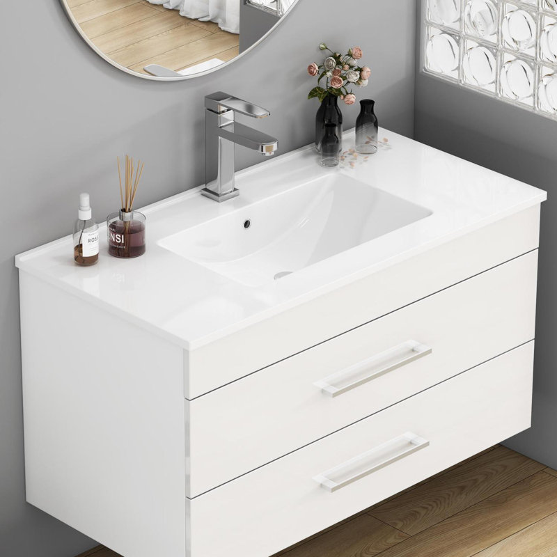 Lavabo de salle de bain moderne minimaliste 39,4 pouces avec trou de robinet pré-percé