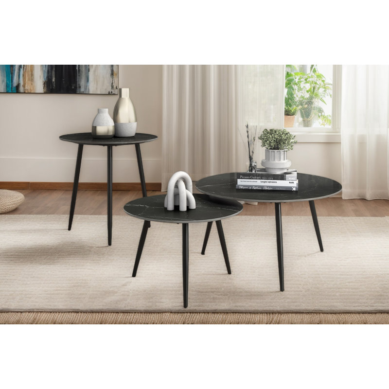 Black Sintered Stone and Metal 3-Piece Nesting Table Set