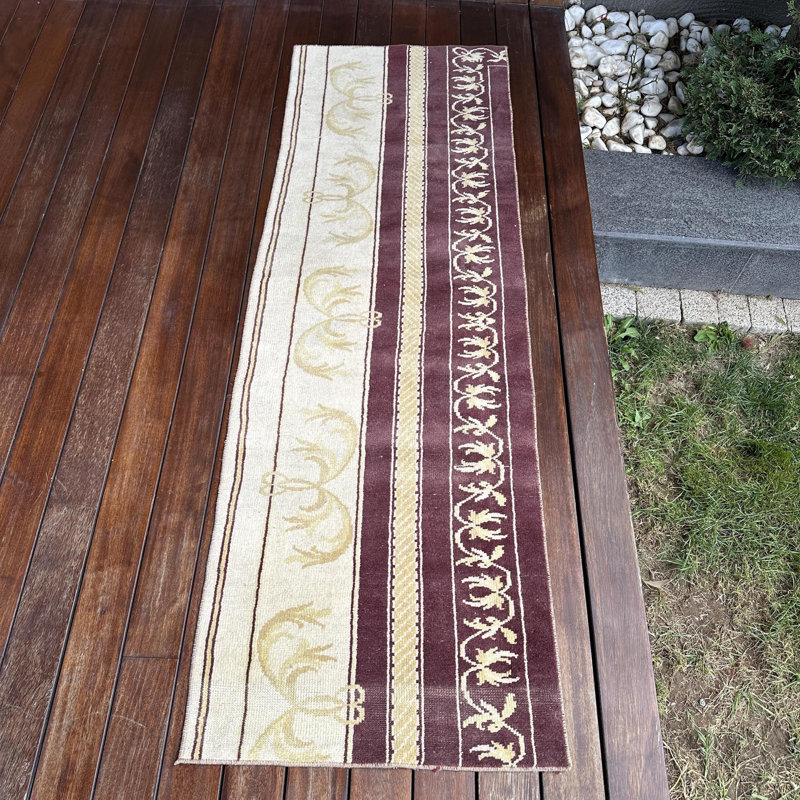 Vintage Hand-Knotted Wool Turkish Runner Rug in Purple For Hallway and Corridor Spaces