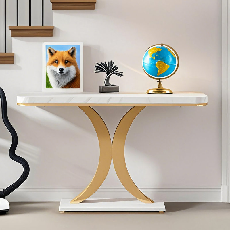 Modern Industrial Compact Entryway Foyer Console Sofa Table | Gift Idea, White/Gold